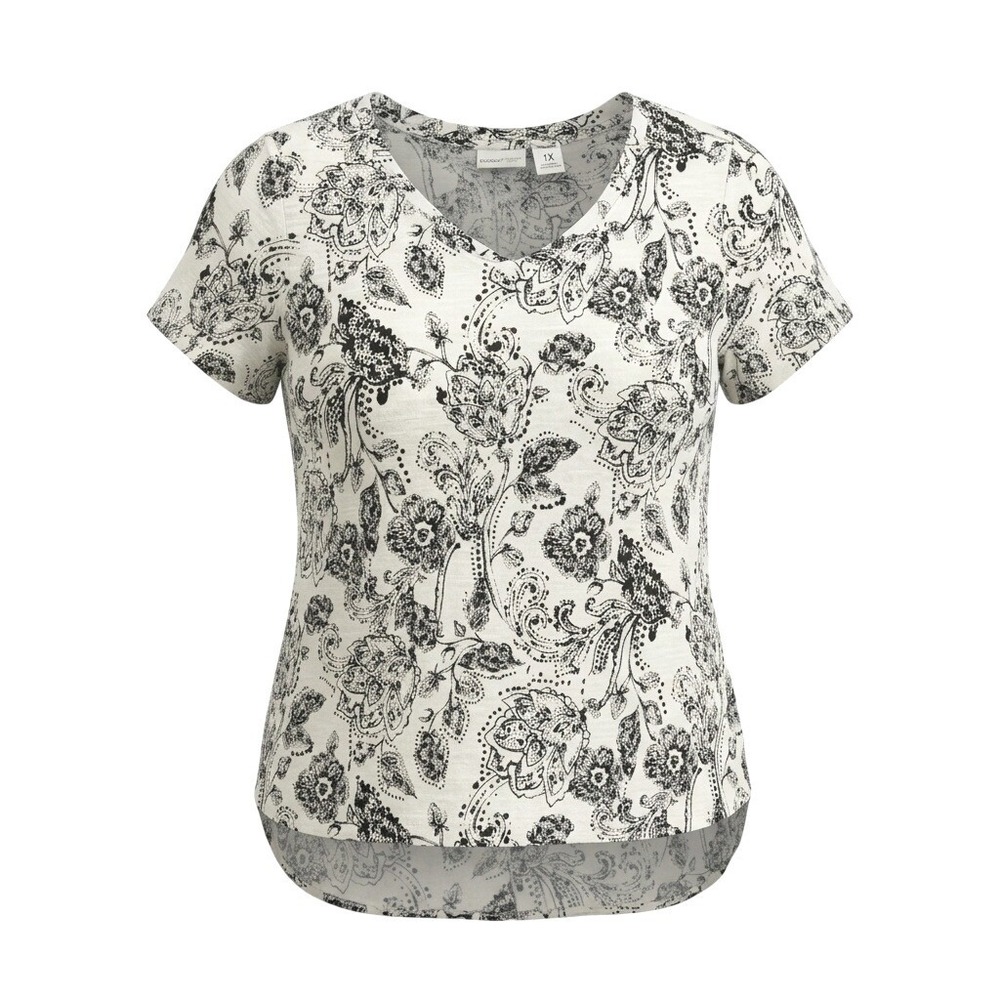 Rachel Zoe Top 100% Linen Women 1X White Black Floral Paisley Short Sleeve